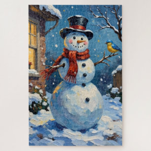 Nostalgischer glücklicher Schneemann mit Blaue Vog Puzzle