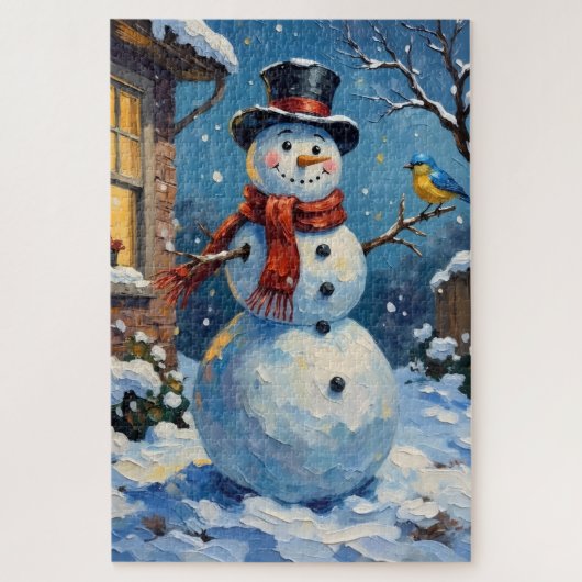 Nostalgischer glücklicher Schneemann mit Blaue Vog Puzzle (Vertikal)