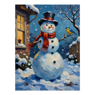 Nostalgischer glücklicher Schneemann mit Blaumeise Poster