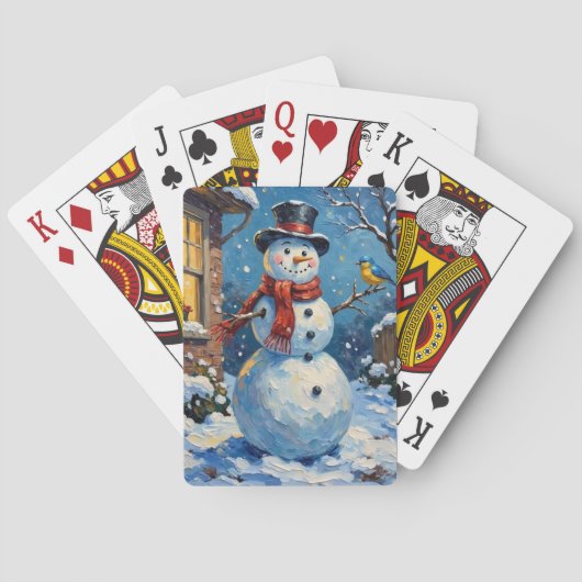 Nostalgischer glücklicher Schneemann mit Blaumeise Spielkarten (Rückseite)