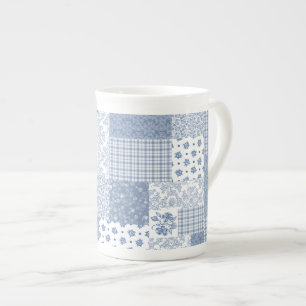 Nostalgischer Indigo-Faux-Patchwork-Bone-China-Bec Porzellantasse