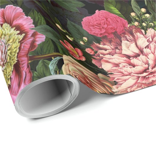 Nostalgischer Redouté Peonies Pattern schwarz Geschenkpapier (Rolleneckpunkt)