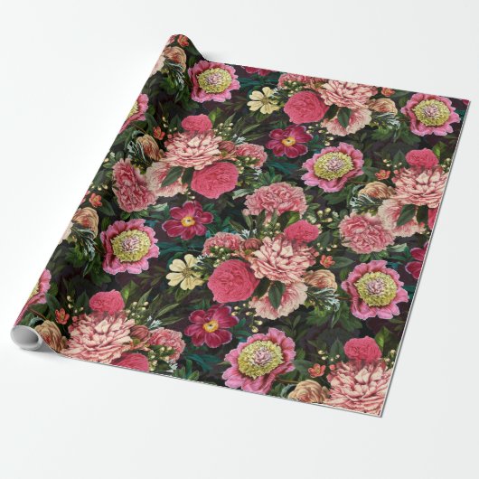 Nostalgischer Redouté Peonies Pattern schwarz Geschenkpapier (Ungerollt)