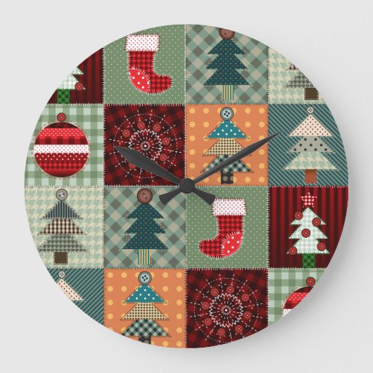 Nostalgischer vintage Ferien-Patchwork-Quilt Große Wanduhr (Vorderseite)