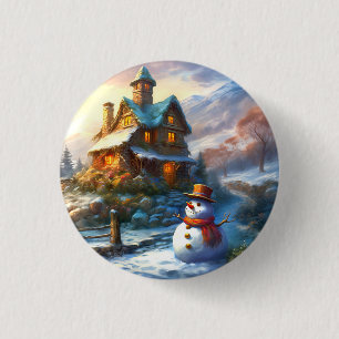 Nostalgischer Weihnachts-Schneemann Altes Cottag Button
