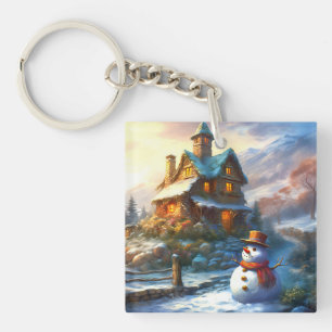 Nostalgischer Weihnachts-Schneemann Altes Cottag Schlüsselanhänger