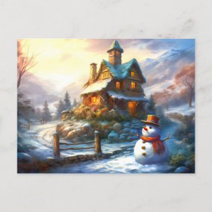 Nostalgischer Weihnachtsschneemann Vintage Hütte Einladungspostkarte