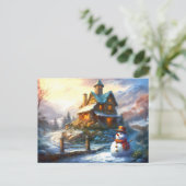 Nostalgischer Weihnachtsschneemann | Vintage Hütte Einladungspostkarte (Stehend Vorderseite)