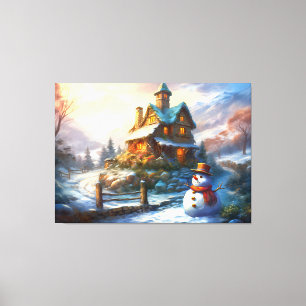 Nostalgischer Weihnachtsschneemann Vintage Hütte Leinwanddruck
