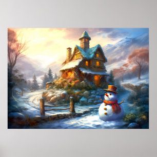 Nostalgischer Weihnachtsschneemann Vintage Hütte Poster