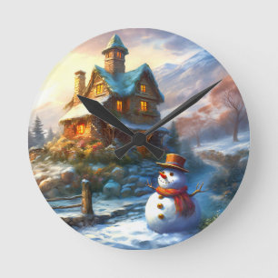 Nostalgischer Weihnachtsschneemann Vintage Hütte Runde Wanduhr