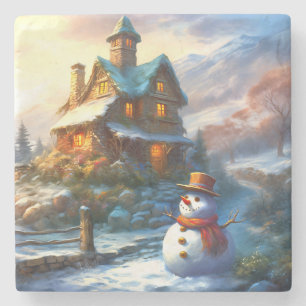 Nostalgischer Weihnachtsschneemann   Vintage Hütte Steinuntersetzer
