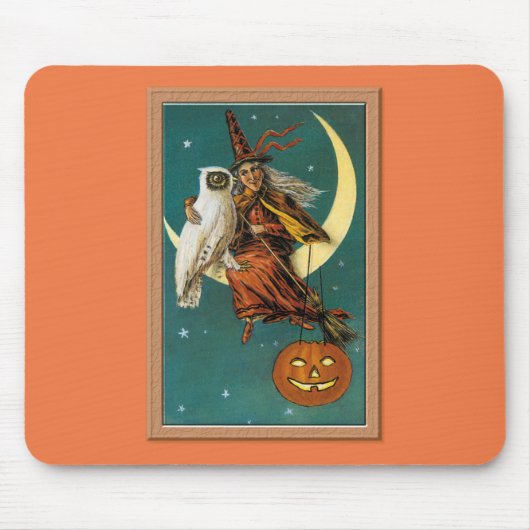 Nostalgisches Frohes Halloween Hexe & Eule Mousepad (Vorne)