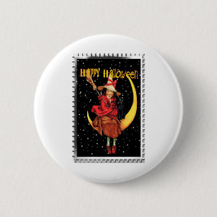 Nostalgisches Halloween Gute Hexe und ihre Katze Button