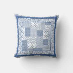 Nostalgisches Indigo Blau und Weiß Faux Patchwork Kissen