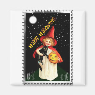 Nostalgisches kleines Mädchen, Jack-o’-lantern und Magnet