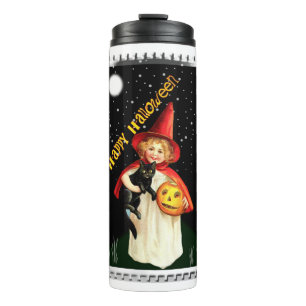 Nostalgisches kleines Mädchen, Jack-o’-lantern und Thermosbecher