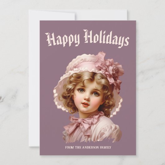 Nostalgisches Mädchen in Rosa Feiertagskarte (Vorderseite)