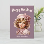 Nostalgisches Mädchen in Rosa Feiertagskarte (Stehend Vorderseite)