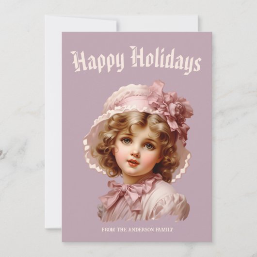Nostalgisches Mädchen in Rosa Feiertagskarte (Vorderseite)