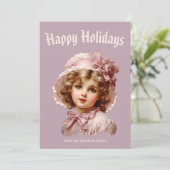 Nostalgisches Mädchen in Rosa Feiertagskarte (Stehend Vorderseite)