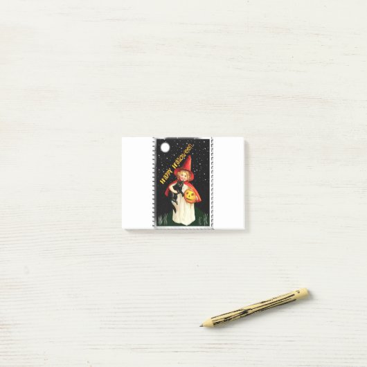Nostalgisches Mädchen, Jack-o’-Laterne und Katze Post-it Klebezettel (Auf Schreibtisch)