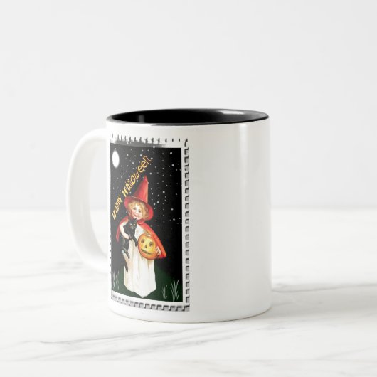 Nostalgisches Mädchen, Jack-o’-Laterne und Katze Zweifarbige Tasse (Vorderseite Links)