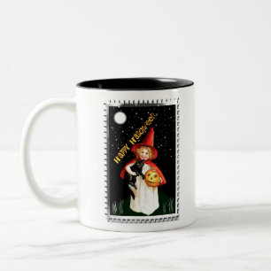 Nostalgisches Mädchen, Jack-o’-Laterne und Katze Zweifarbige Tasse