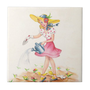 Nostalgisches Mädchen mit Gießkanne Fliese