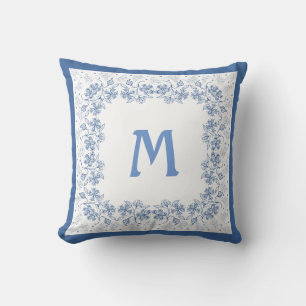 Nostalgisches Monogramm Indigo Blumenrand Kissen