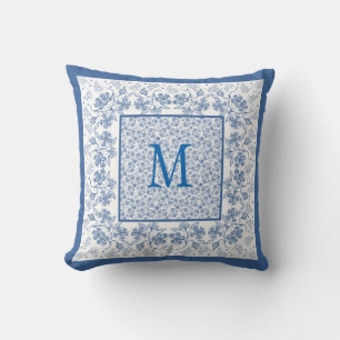 Nostalgisches Monogramm Indigo Blumenrand Kissen