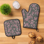 Nostalgisches Pink Floral Französisches Land Ofenhandschuh & Topflappen-Set (Oben Unten)