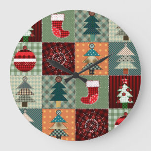 Nostalgisches Vintag Holiday Patchwork Quilt Große Wanduhr