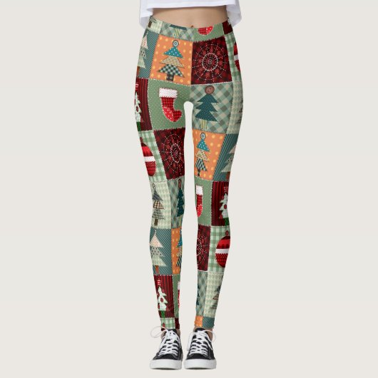 Nostalgisches Vintag Holiday Patchwork Quilt Leggings (Vorderseite)