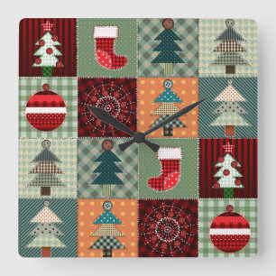 Nostalgisches Vintag Holiday Patchwork Quilt Quadratische Wanduhr