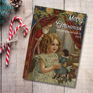 Nostalgisches Vintages Mädchen, Santa und Puppe Feiertagskarte