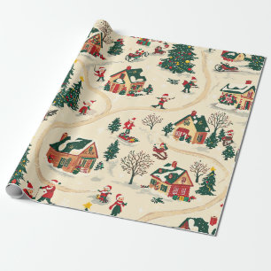 Nostalgisches Winterdorf Rot Grün Gold Muster Geschenkpapier