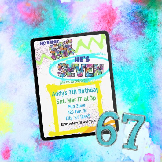 not SIX, SEVEN Spray-paint, Boy 7th Birthday Einladung