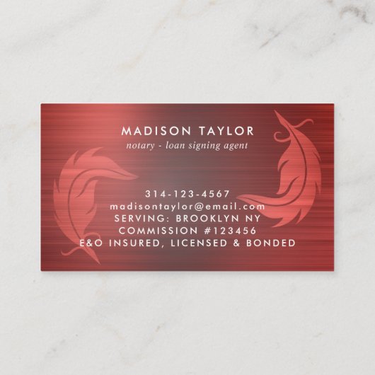 Notar-Agent Burgundy Red Brushed Metal Quill Visitenkarte (Rückseite)