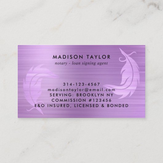 Notar Agent Lila Glam Brushed Metal Quill Visitenkarte (Rückseite)