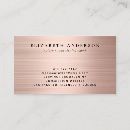 Notar-Agent-Quill-Rose-Gold-Bürstenmetall Visitenkarte (Rückseite)