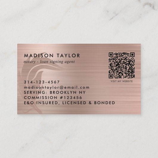 Notar Agent Rose Gold Brushed Metal Quill QR Visitenkarte (Rückseite)