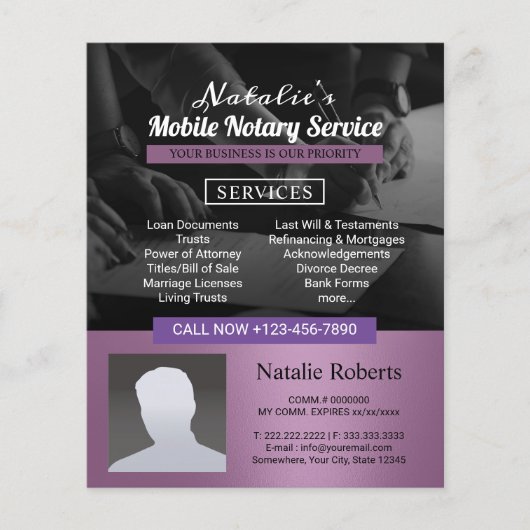 Notar-Agent Signierung Modernes Lila Foto Flyer (Vorne)