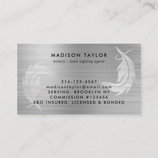Notar-Agent Silver Gray Brushed Metal Quill Visitenkarte (Rückseite)