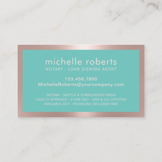 Notar-Agent Unterschrift Moderne Rose Gold & Aquam Visitenkarte (Rückseite)