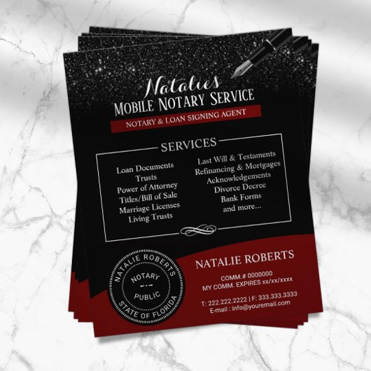 Notar Öffentliche Briefmarke Moderner Glitzer Rot Flyer