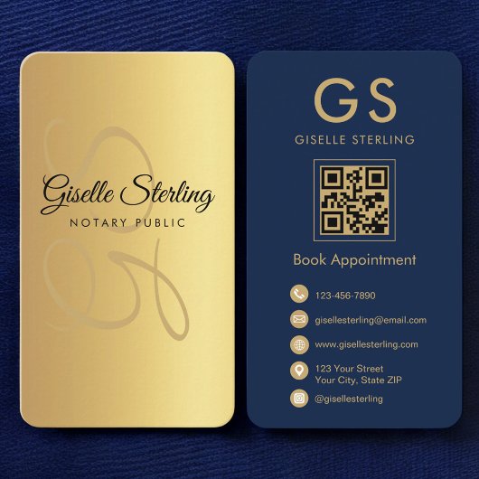 Notar Public Gold Navy Blue QR Code Monogramm Visitenkarte