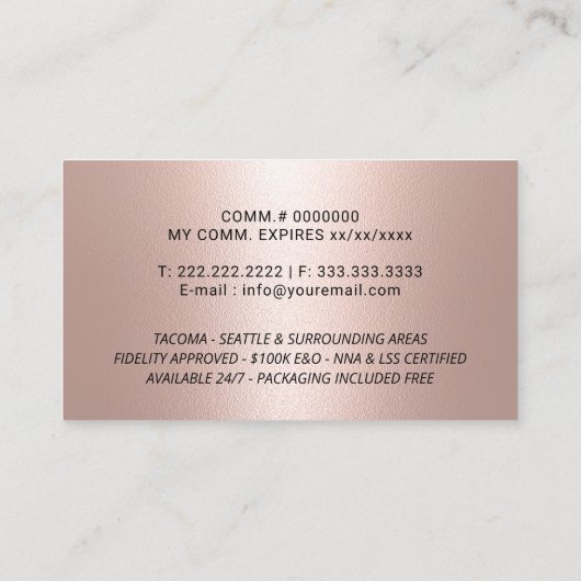 Notar Public Modern Signature Navy & Rose Gold Visitenkarte (Rückseite)