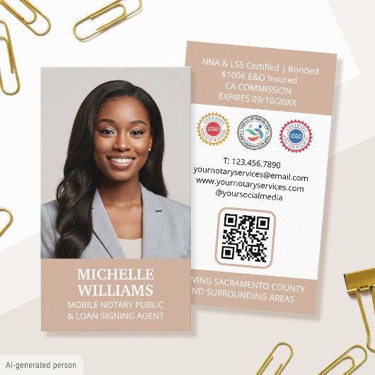 Notar Public Signing Agent Foto QR Code Beige Visitenkarte