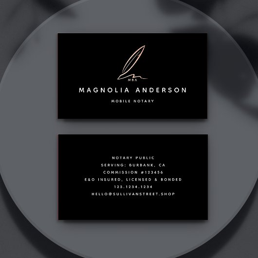 Notar Public Signing Agent Rose Gold Foil Quill Visitenkarte